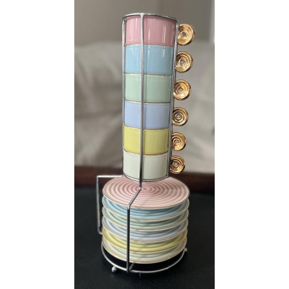 6 Pc Espresso Cup Saucer Set w Rack Pastel Porcelain Gold Handle 2.5in Rare Find